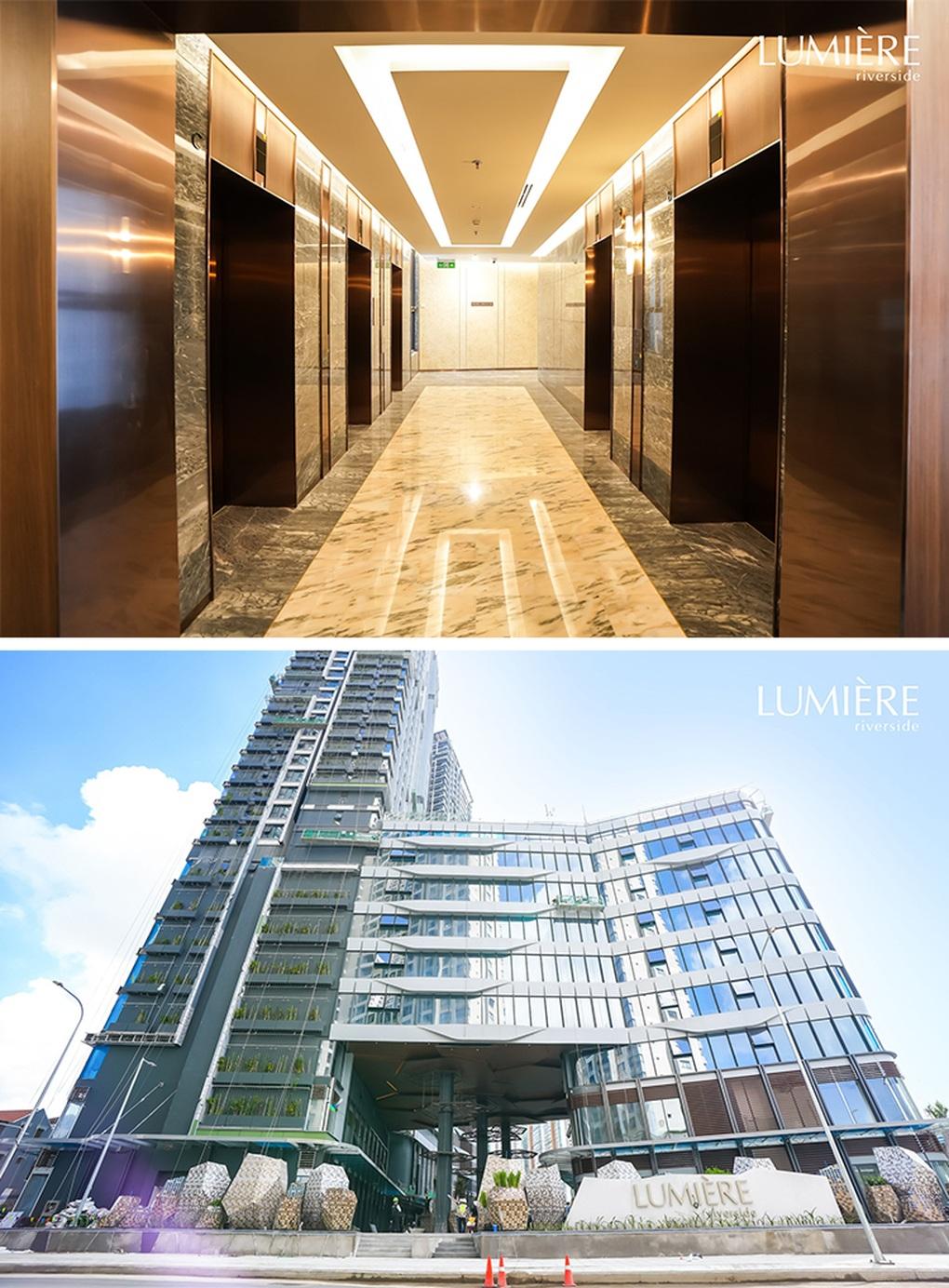 Cổng vào (trái) và sảnh thang máy tiêu chuẩn khách sạn 5 sao của LUMIÈRE riverside - dự án đầu tiên trong BST LUMIÈRE chuẩn bị bàn giao năm 2023 (Ảnh: Masterise Homes)